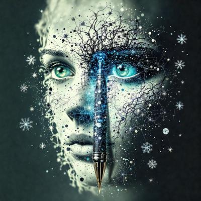 The primary subject of the image is a close-up of a woman's face, with a pencil inserted in her ear. The setting is a black background, and the visual style is a digital art or illustration. The colors and mood of the image are predominantly dark, with the woman's face being the main focus.